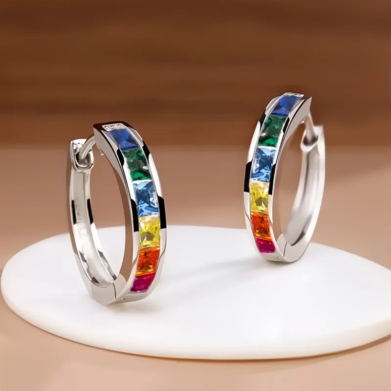 Classic Design Women Hoop Earrings with Princess Square Cubic Zirconia, Elegant Fashion Jewelry