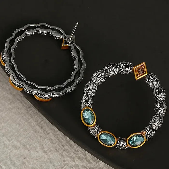 Vintage Inlaid Blue Semi-Precious Stone Zinc Alloy Bohemian Round Earrings Gift