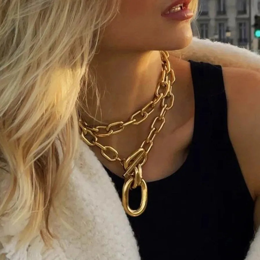 Gold Color Thick Chain Punk Necklace for Women Zinc Alloy Jewelry