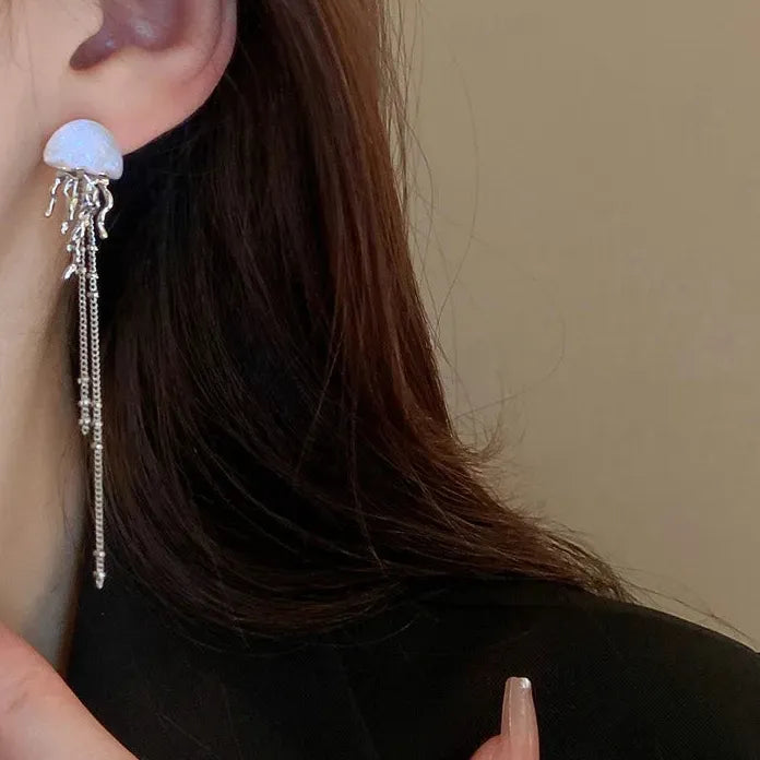 Silver Moonstone Starfish Jellyfish Pendant Necklace Women Vintage Tassel Jewelry
