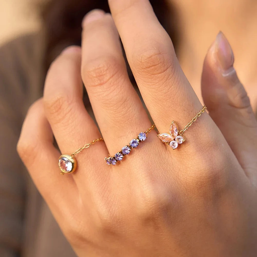 Stainless Steel Multi-Color CZ Zirconia Geometric Square Butterfly Ring Waterproof Jewelry