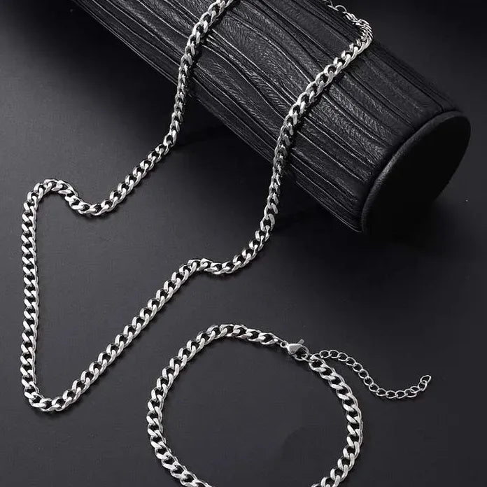 Punk Hip Hop Stainless Steel Cuban Chain Necklace & Bracelet Set Men Women