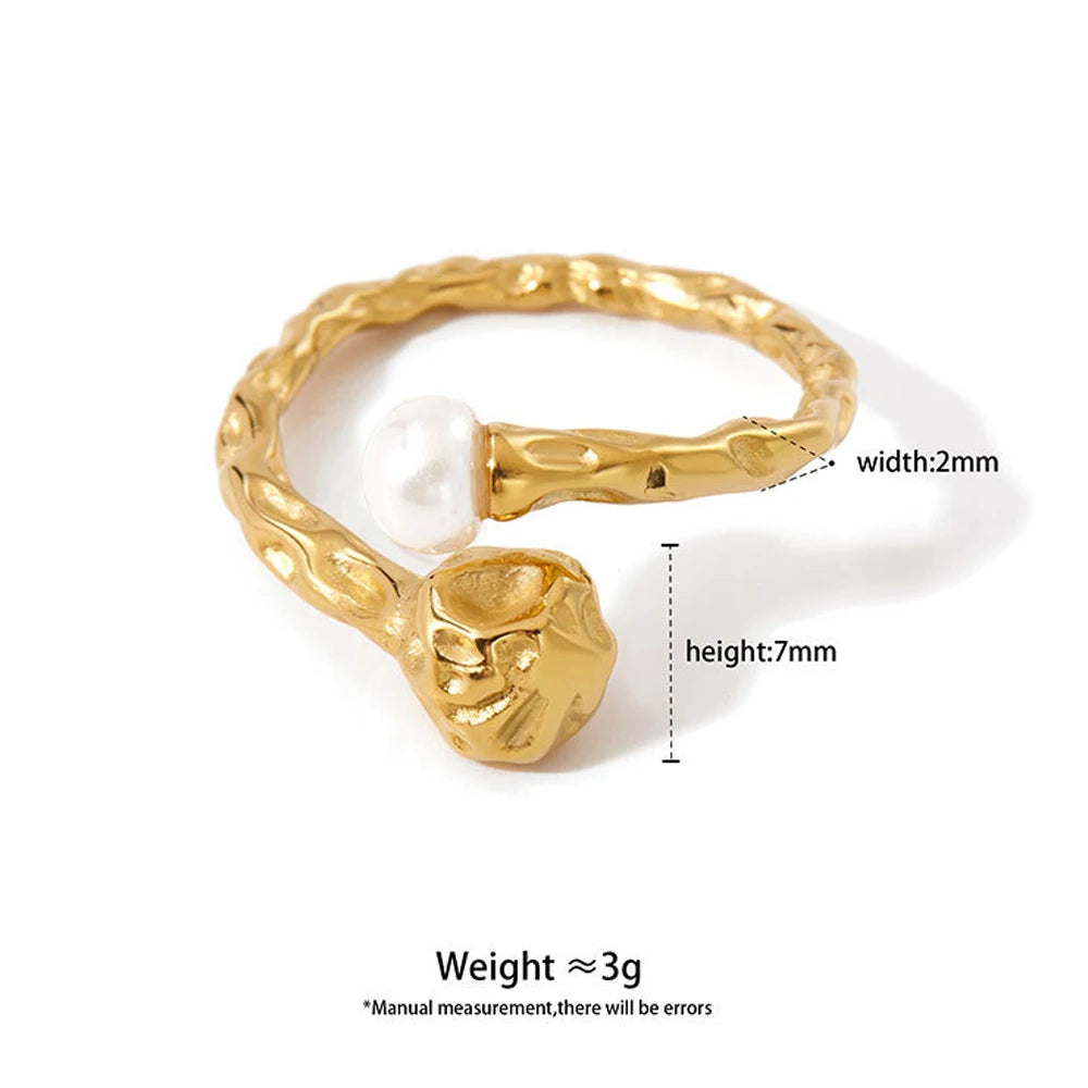 18K Gold Plated Lava Texture Pearl Ring Waterproof Designer Double Color Statement