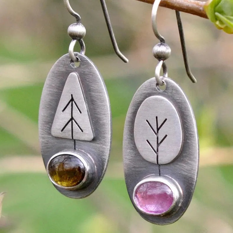 Silver Rose Gold Oval Tree Geometry Long Dangle Earrings for Women Wedding Jewelry