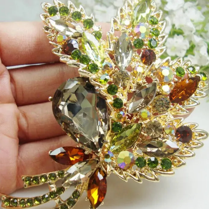 Vintage Brown Rhinestone Crystal Flower Leaf Brooch Pin Elegant Jewelry