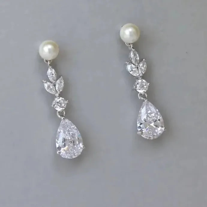 Water Drop Cubic Zirconia Dangle Earrings Silver Color Zinc Alloy Wedding Engagement
