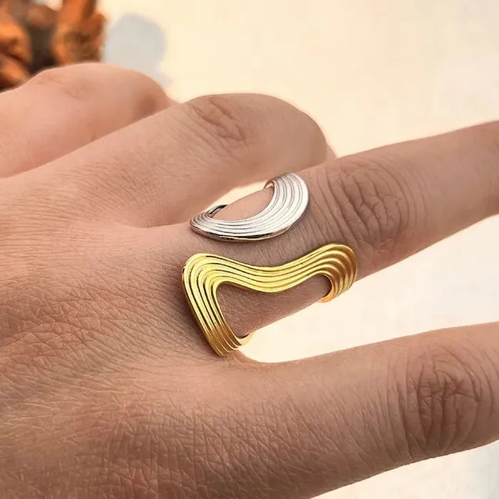 Geometric Two Tone Stainless Steel Minimalist Irregular Rings for Men & Women