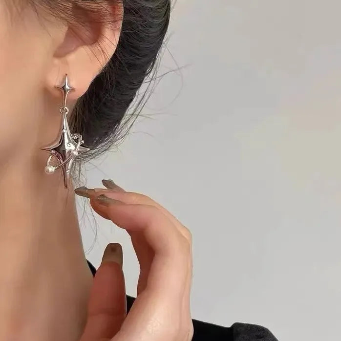 Cool Y2K Star Drop Earrings Cross Pearl Crystal Korean Punk Jewelry Trendy