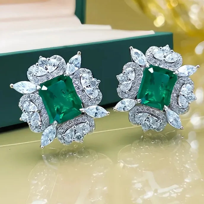 Copper Alloy Red Green Cubic Zirconia Geometric Stud Earrings for Women Wedding Jewelry