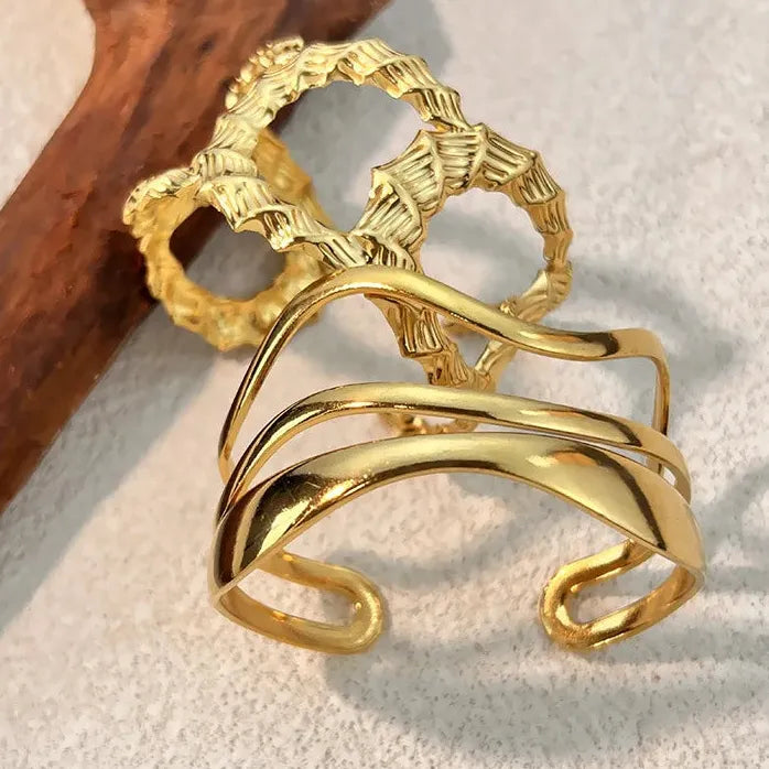 18K Gold Plated 316L Stainless Steel Hollow Ripple Opening Bangle Bracelet Women Punk Jewelry