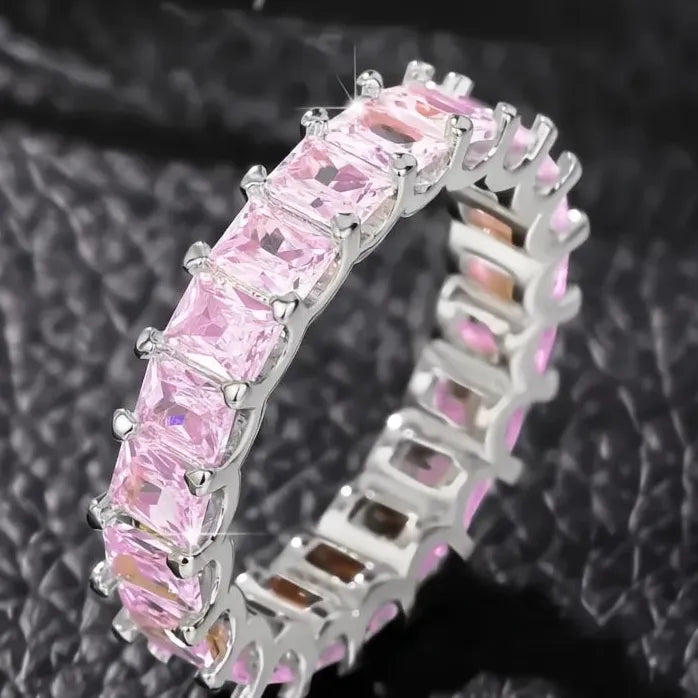 Crystal Pink CZ Geometric Promise Ring Women’s Wedding Band Brass Jewelry