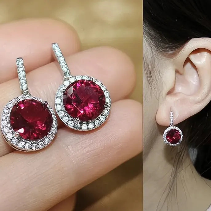Silver Plated Copper Round CZ Dangle Earrings in Blue Pink Red Yellow