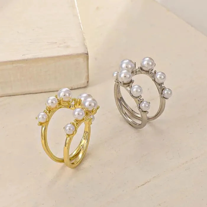 Adjustable Vintage White Pearl Double Layer Geometric Crystal Mood Tracker Ring for Women