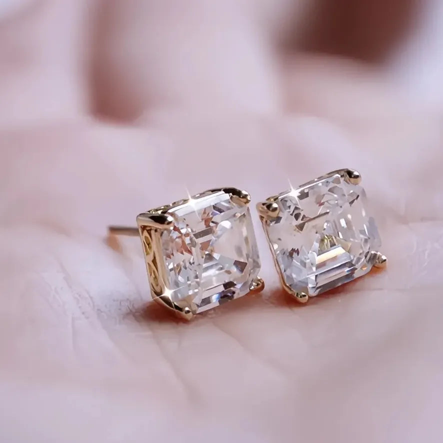 Green Cubic Zirconia Square Stud Earrings for Women in Copper Alloy