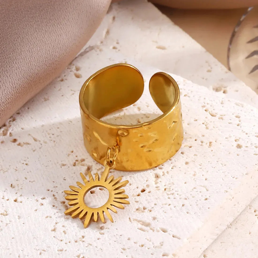 Gold Stainless Steel Irregular Hammered Open Ring Waterproof Gift for Women Men