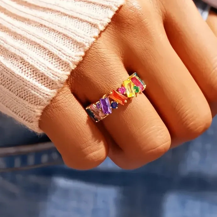 Trendy Geometric Brass Ring with Colorful CZ for Women Party Accessories