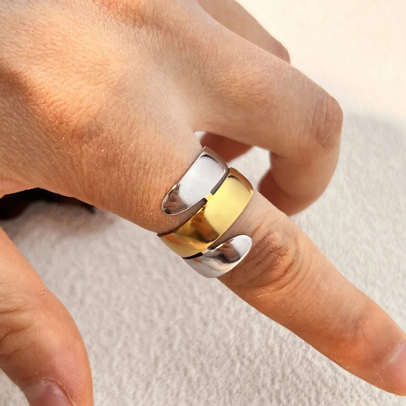 18K Gold Plated Stainless Steel Two-Tone Geometric Ripple Open Knuckle Ring