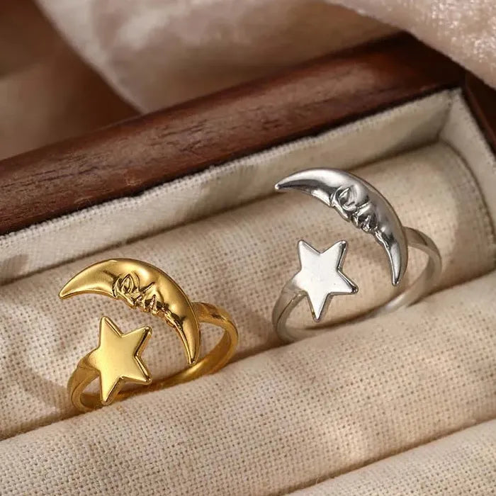 Adjustable Stainless Steel Moon Star Ring for Women Celestial Gift