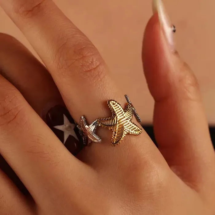 Adjustable Stainless Steel Gold Starfish Ring for Women Fashion Jewelry Gift