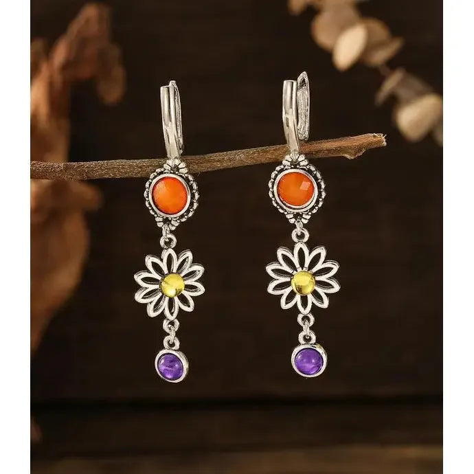 Ethnic Red Stone Curiosity Hoop Earrings Vintage Carved Pattern Jewelry for Women