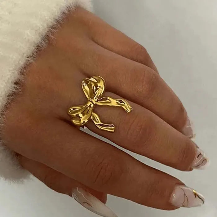 Adjustable Gold Color Stainless Steel Bowknot Ribbon Ring for Women Jewelry Gift