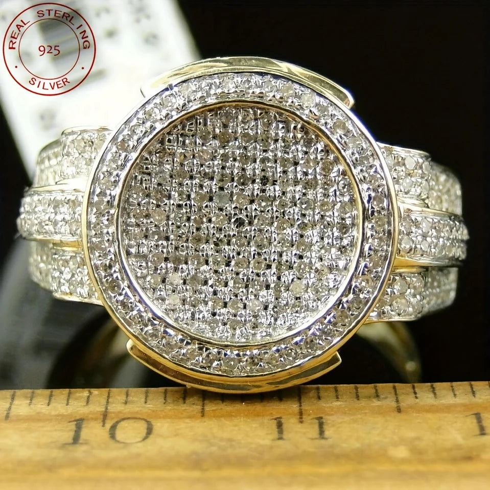 Men’s Iced Out Round Pinky Ring 925 Sterling Silver Gold Plated Hip Hop