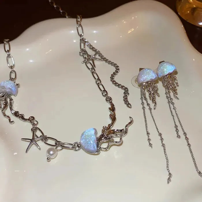 Jellyfish Tassel Drop Earrings Zinc Alloy Crystal Chain Jewelry Gift