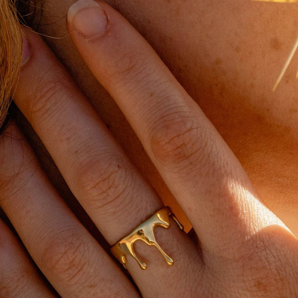 18K Gold Plated Stainless Steel Geometric Lava Melt Waterdrop Ring Bride Wed Party