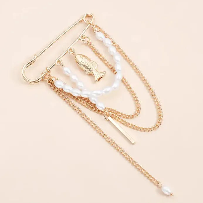 Heart-Shaped Multi-Layer Beaded Tassel Brooch with Imitation Pearls