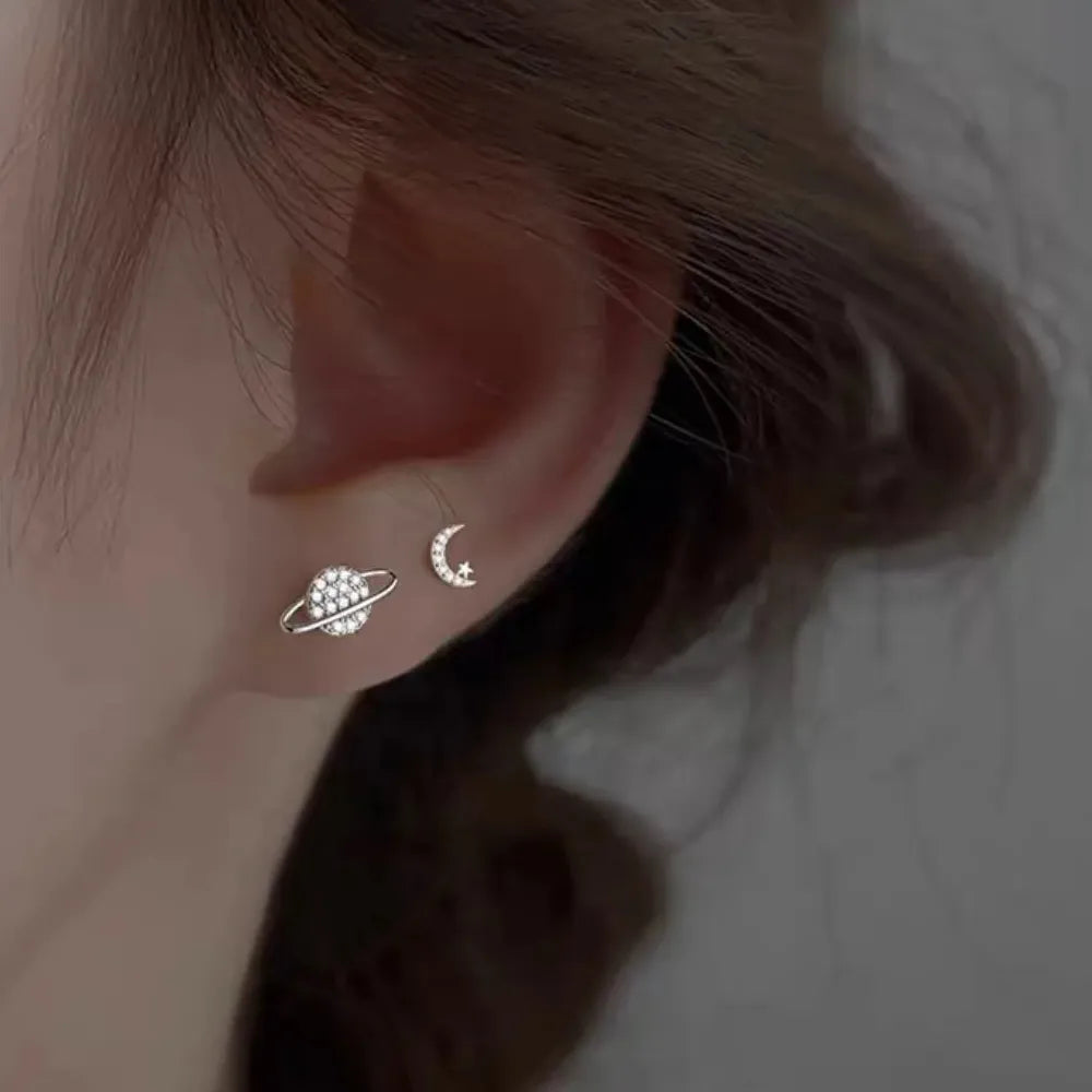 Zircon Star Moon Mini Korean Asymmetric Stud Earrings for Women Gift