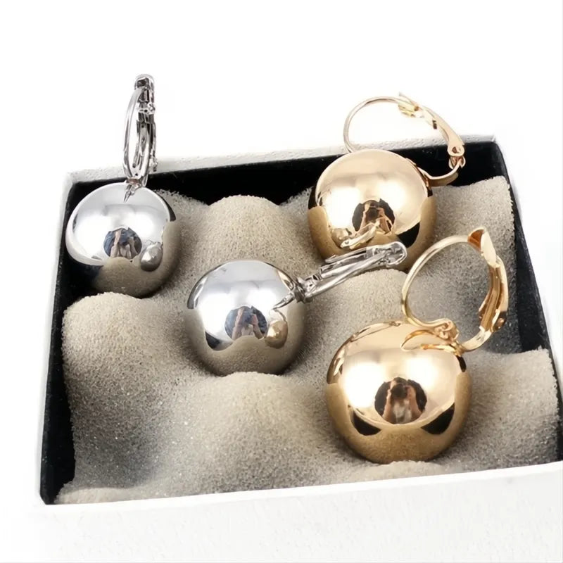 Simple Metallic Drop Earrings for Women Round Smooth Ball-Shape Pendant Copper Alloy Jewelry