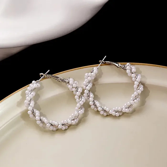 Korea Fashion Elegant Zinc Alloy Pearl Hoop Earrings for Women Gift