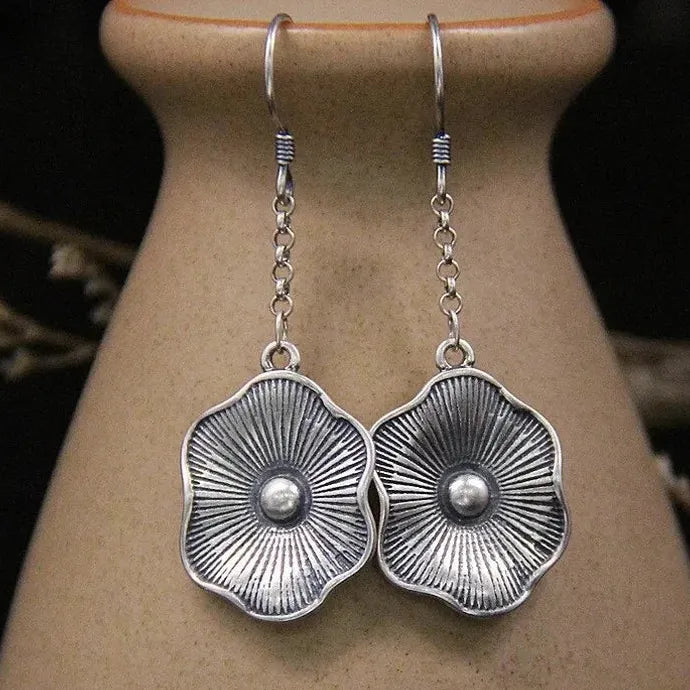 Vintage Silver Flower Earrings Ethnic Metal Round Carving Inlaid Zircon Long Studs