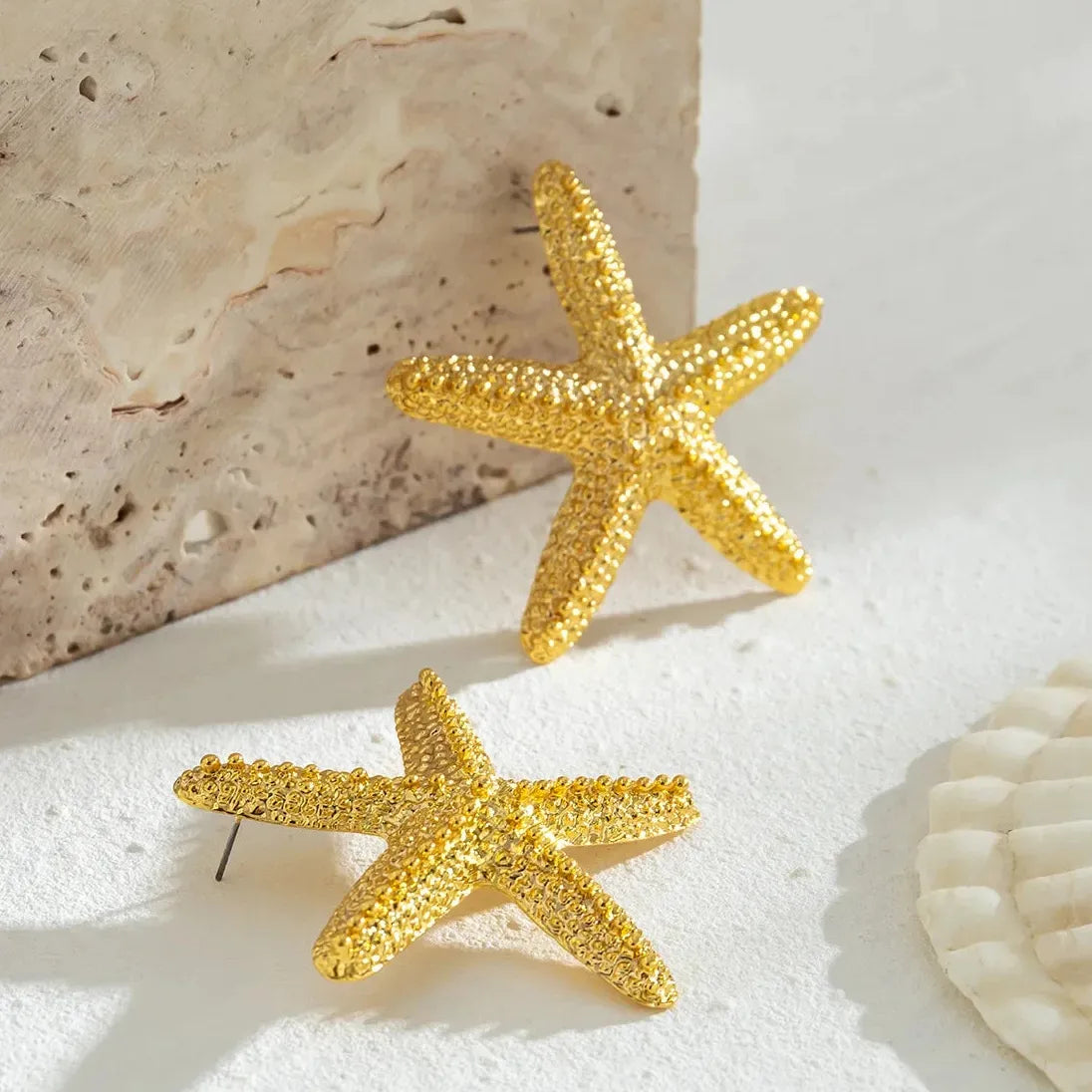 Gold Starfish Seashell Earrings Boho Ocean Studs Gift Jewelry