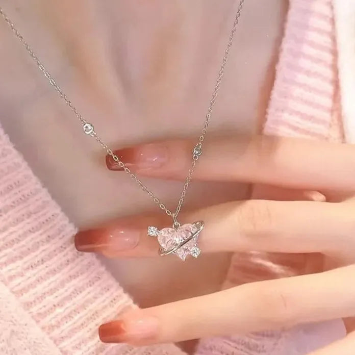 Y2K Pink Zircon Heart Pendant Necklace for Women Zinc Alloy Gift