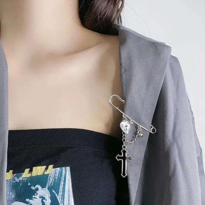 Y2K Punk Gothic Silver Zinc Alloy Cross Tassel Brooch for Men Women