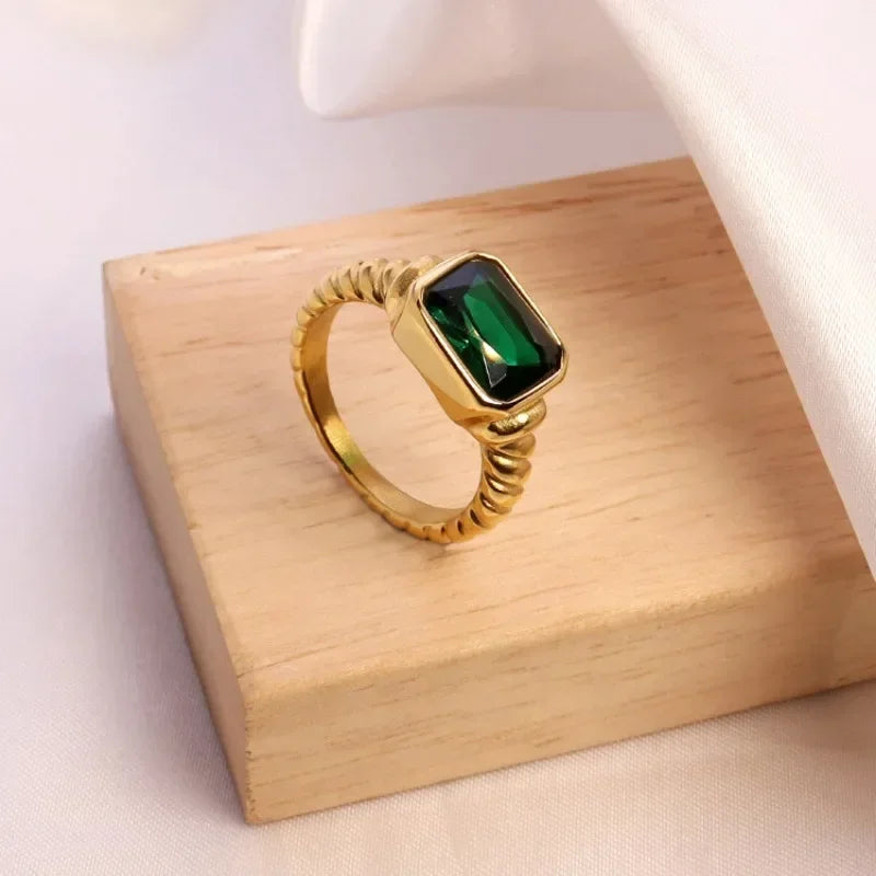 18K Gold Plated Stainless Steel Square Multi-Color Crystal CZ Chunky Ring