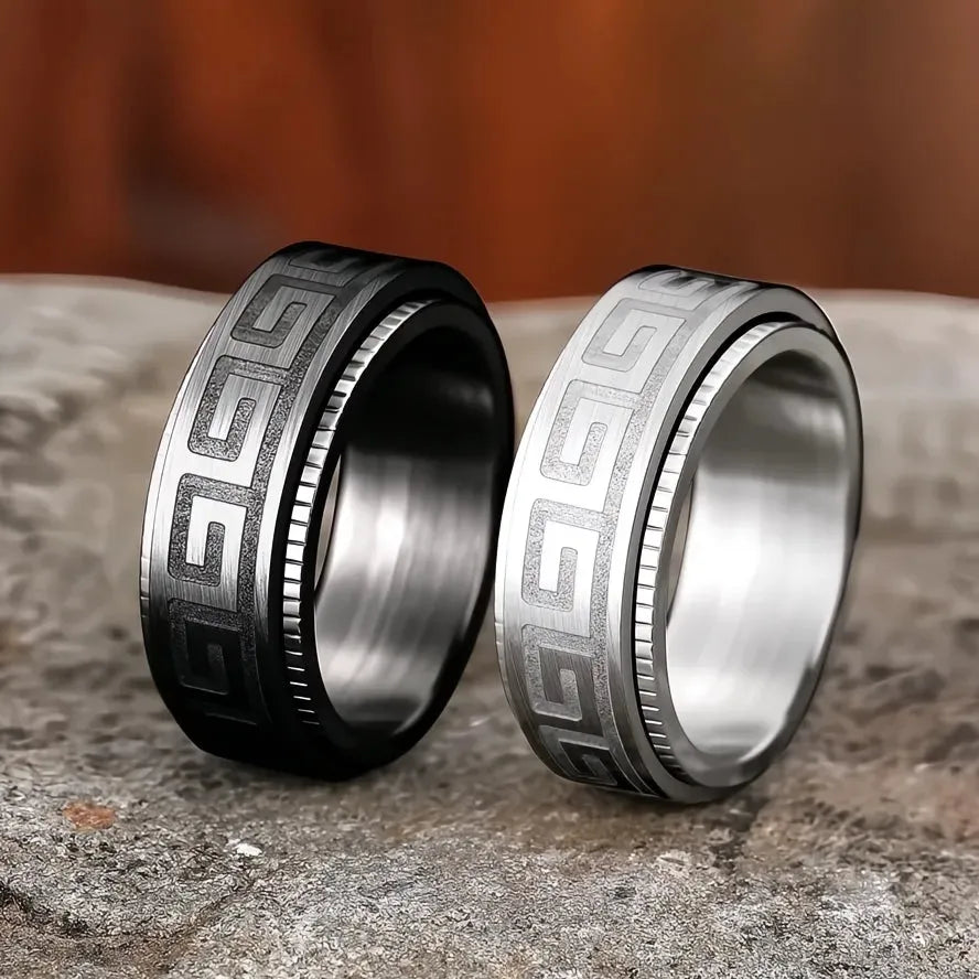 Simple Titanium Steel Couple Rings for Men Women Rotating Embossed Great Wall Pattern Fashion Jewelry Gifts