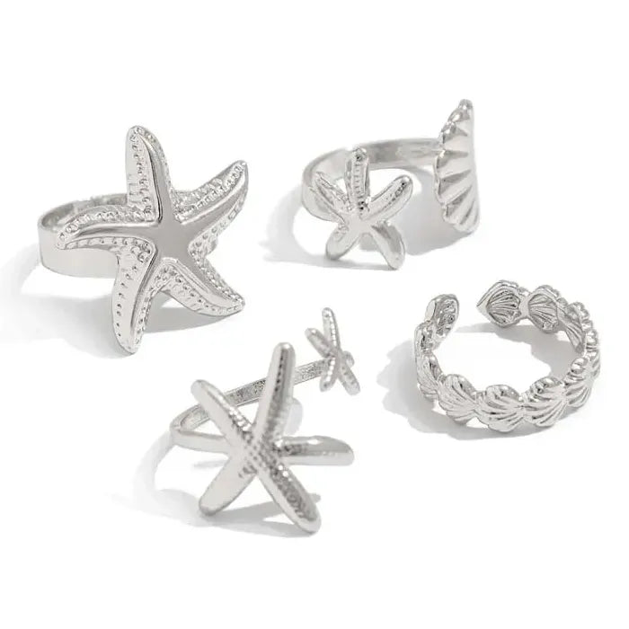 4Pcs Adjustable Gold Starfish Open Rings Beach Party Jewelry Accessories