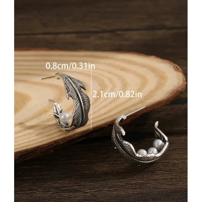 Vintage C-Shaped Feather & Imitation Pearl Earrings Classic Style Jewelry Gift for Women