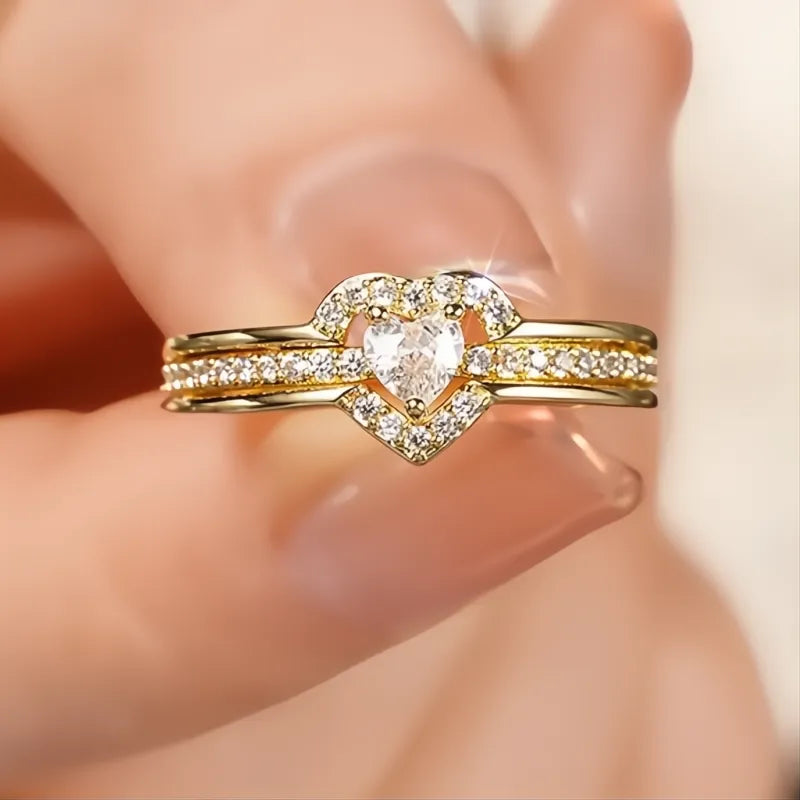 Romantic Heart Shaped Women’s Wedding Anniversary Ring with Shiny CZ Brass Jewelry Gold/Silver Color