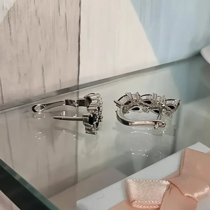 Geometric Black & White Cubic Zirconia Hoop Earrings in Copper Alloy