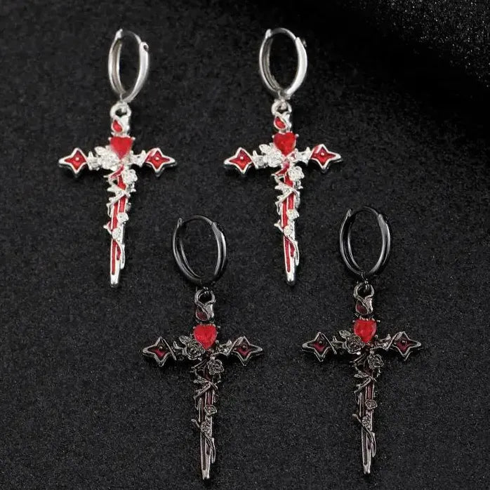 Cross Crystal Hoop Earrings Punk Thorn Rose Dripping Oil Cross Jewelry for Women Men
