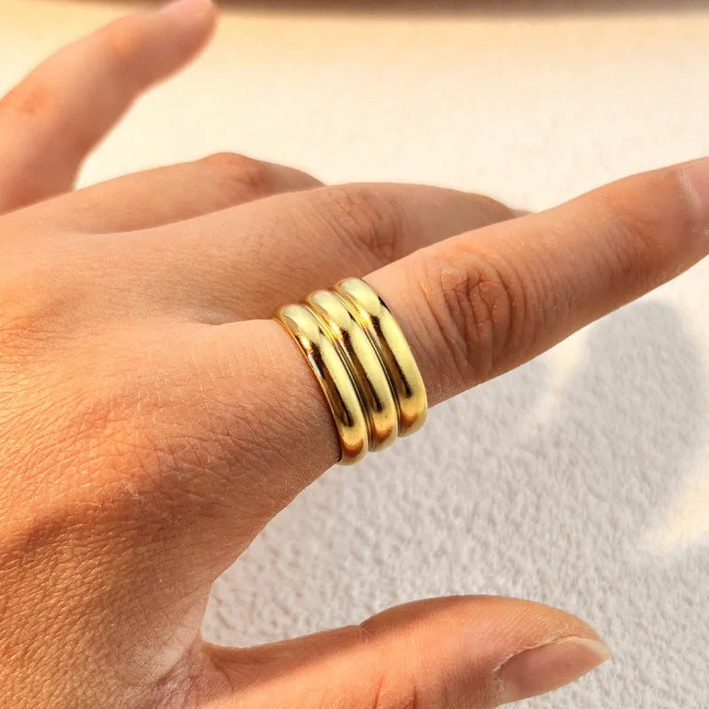 Punk 18k Gold Plated Stainless Steel Thick Stripe Three Layer Knuckle Ring