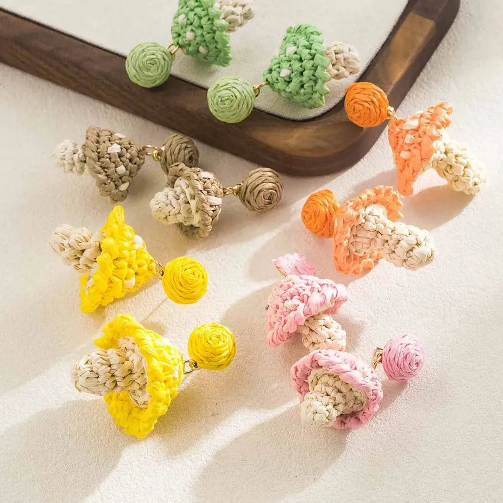 Lafite Grass Woven Mushroom Stud Earrings for Women Bohemian Summer Jewelry