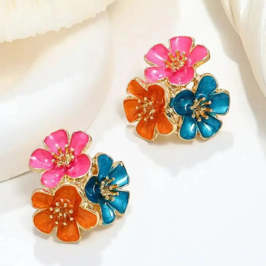 Vintage Metal Drip Oil Five Petal Flower Stud Earrings for Women Gift