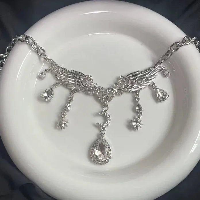 Silver Crystal Wing Moon Pendant Necklace for Women Zinc Alloy Jewelry