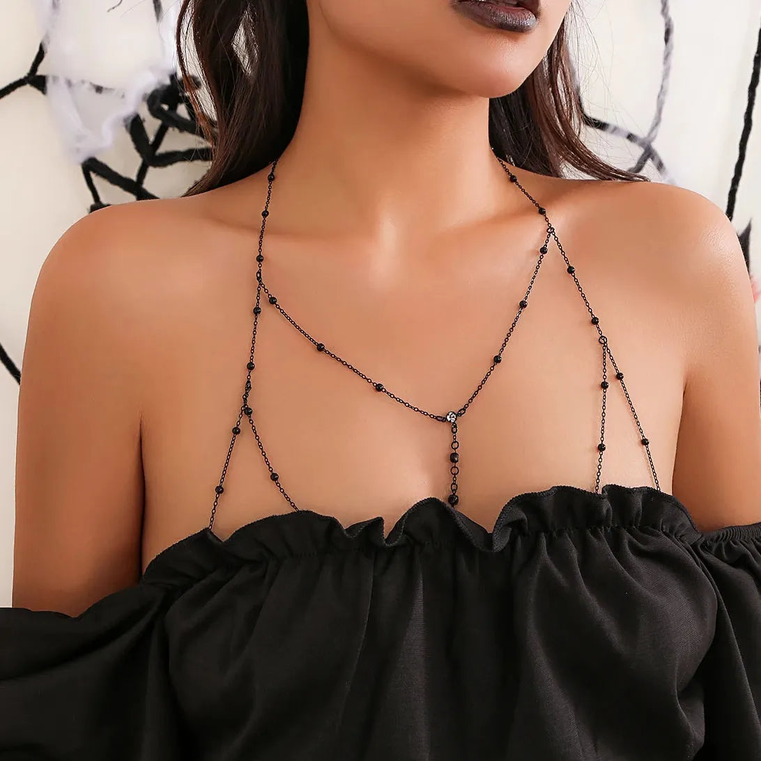 Black Copper Geometric Cross Chain Bikini Chest Rhinestone Body Jewelry