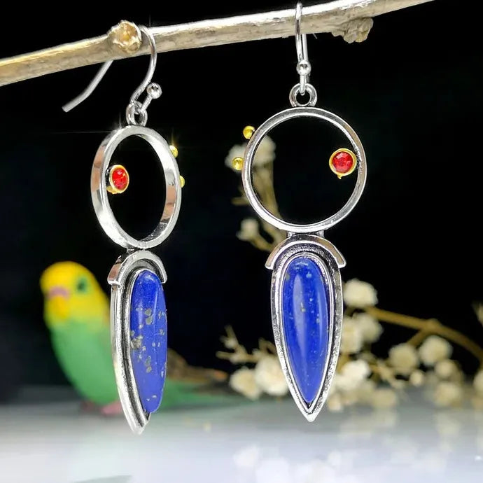 Vintage Geometric Lapis Natural Stone Drop Earrings Bohemian Zinc Alloy
