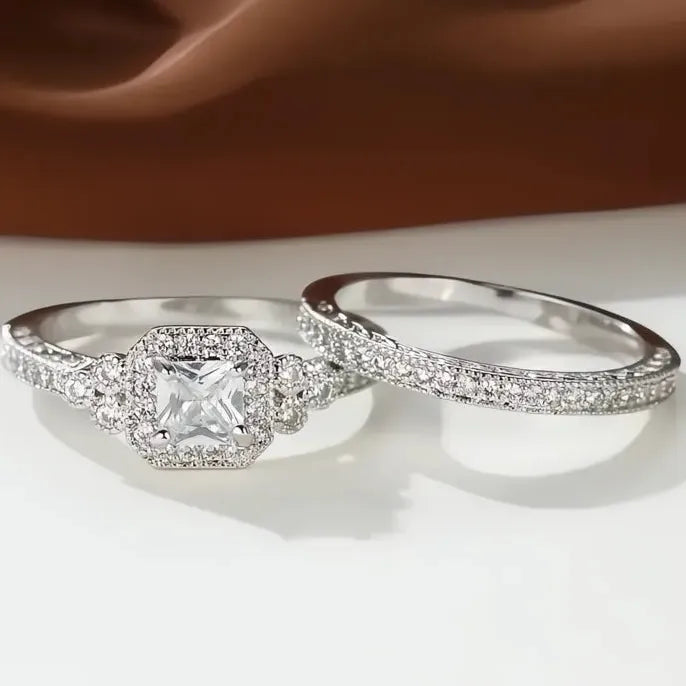 Princess White Black 2Pcs Luxury Cubic Zirconia Brass Wedding Rings for Women